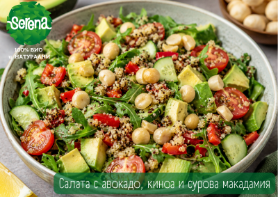 Salad with avocado, quinoa and raw macadamia